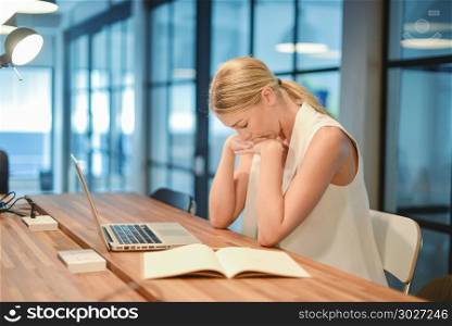 Depressed business blonde woman having troubles with her works