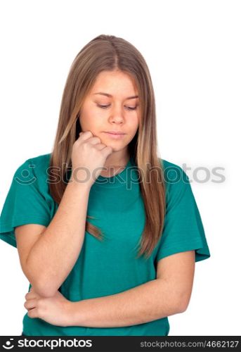 Depressed teen girl thinking isolated on white background