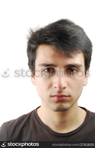 depressed young caucasian man isolated on white background