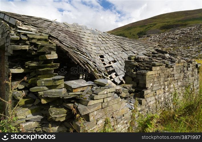 Derelict stone building, collapsing roof, Snowdonia, Wales, United Kingdom