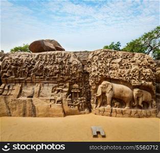 Descent of the Ganges and Arjuna&rsquo;s Penance ancient stone sculpture - monument at Mahabalipuram, Tamil Nadu, India