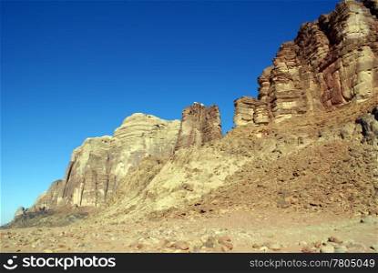 Desert and mountain range in Wadi Rum, Jordan