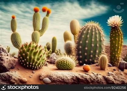Desert Cacti Cactus blossom and Saguaros. Neural network AI generated art. Desert Cacti Cactus blossom and Saguaros. Neural network AI generated