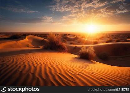 desert dunes on sunset, with the sun setting behind them, created with generative ai. desert dunes on sunset, with the sun setting behind them