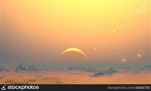 Desert landscape, rocks and sand. Over the hazy horizon planet (moon) in the halo of bright yellow light pouring from the sky. Bright stars can be seen through the thick haze. The camera flies slowly over the desert.