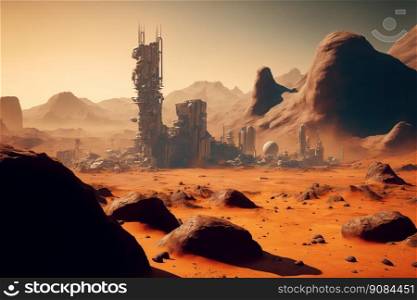 Desert Landscape with Futuristic Buildings, Mars Colonization, Extraterrestrial Sci-Fi Background. Generative AI. Desert Landscape with Futuristic Buildings, Mars Colonization. Generative AI