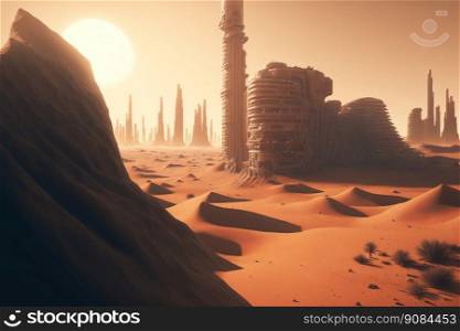 Desert Landscape with Futuristic Buildings, Mars Colonization, Extraterrestrial Sci-Fi Background. Generative AI. Desert Landscape with Futuristic Buildings, Mars Colonization. Generative AI