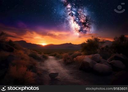 desert landscape, with vibrant sunsets and twinkling stars above, in dramatic sky, created with generative ai. desert landscape, with vibrant sunsets and twinkling stars above, in dramatic sky