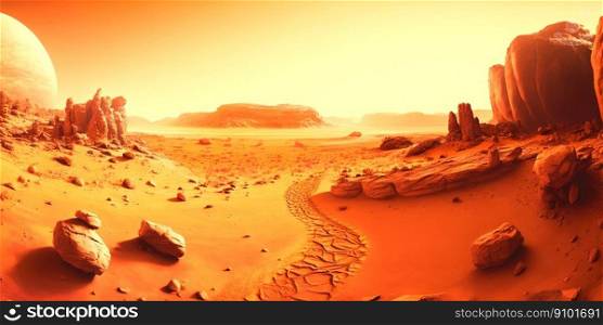 Desert Mars landscapes with sand and rocks. Generative AI.. Desert Mars landscapes with sand and rocks. Generative AI