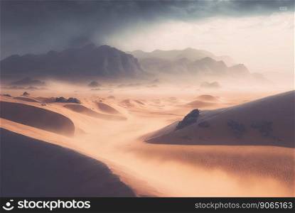 Desert sand landscape. Atmospheric scenic imaginary view. Clouds and sandstorm. Generative AI.. Desert sand landscape. Atmospheric scenic imaginary view. Clouds and sandstorm. Generative AI