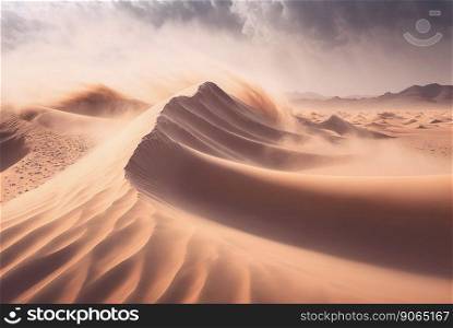 Desert sand landscape. Atmospheric scenic imaginary view. Clouds and sandstorm. Generative AI.. Desert sand landscape. Atmospheric scenic imaginary view. Clouds and sandstorm. Generative AI
