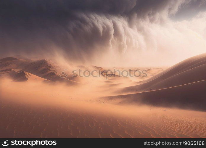 Desert sand landscape. Atmospheric scenic imaginary view. Clouds and sandstorm. Generative AI.. Desert sand landscape. Atmospheric scenic imaginary view. Clouds and sandstorm. Generative AI