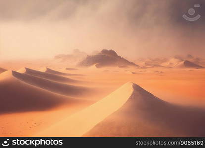 Desert sand landscape. Atmospheric scenic imaginary view. Clouds and sandstorm. Generative AI.. Desert sand landscape. Atmospheric scenic imaginary view. Clouds and sandstorm. Generative AI