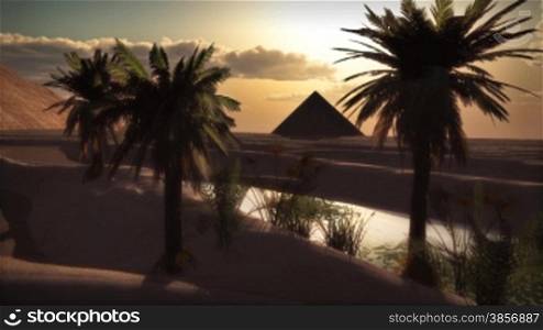Desert sand Sunset Pyramid Oasis with Palms. Themes: Africa, Egypt, Travel, Destinations, Tourism, Desert, Extreme, Arabia, Nature, Environment, Oil, Antiquities...