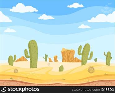 Desert seamless background. Wild west game outdoor western canyon landscape with stones rock sand cactuses vector cartoon illustration. Game horizon, sand canyon, western desert nature. Desert seamless background. Wild west game outdoor western canyon landscape with stones rock sand cactuses vector cartoon illustration