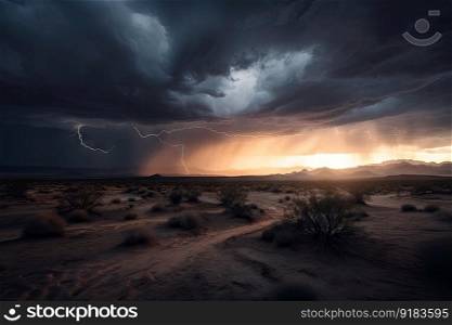 desert storm with dark clouds and lightning, in the background of a setting sun, created with generative ai. desert storm with dark clouds and lightning, in the background of a setting sun