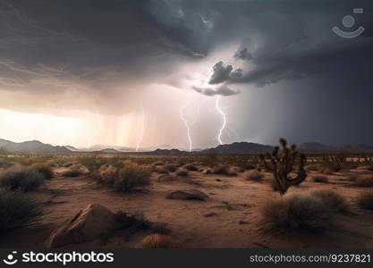 desert storm with lightning bolts and rain visible in the distance, created with generative ai. desert storm with lightning bolts and rain visible in the distance