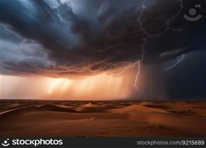 desert storm with rolling clouds and lightning flashes, created with generative ai. desert storm with rolling clouds and lightning flashes