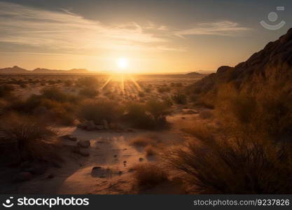 desert sunrise, with the sun peeking over the horizon, bringing new light to a serene landscape, created with generative ai. desert sunrise, with the sun peeking over the horizon, bringing new light to a serene landscape