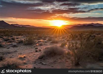 desert sunrise, with the sun peeking over the horizon, illuminating a dramatic and colorful sky, created with generative ai. desert sunrise, with the sun peeking over the horizon, illuminating a dramatic and colorful sky