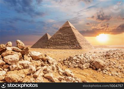 Desert sunset, beautiful view of the Pyramids of Giza.. Desert sunset, beautiful view of the Pyramids of Giza