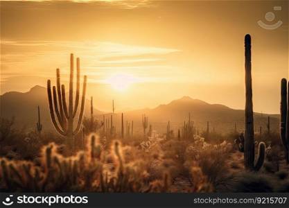 desert sunset, with the sun setting behind a cacti forest, created with generative ai. desert sunset, with the sun setting behind a cacti forest