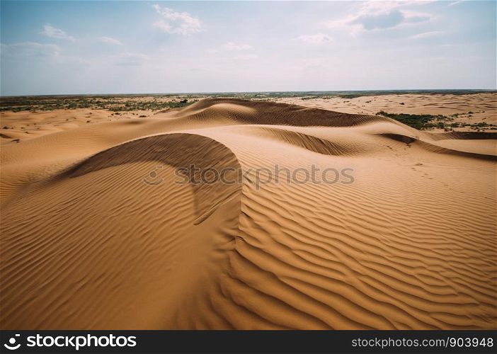 Desert with sand dunes on a clear sunny day. Desert landscape.