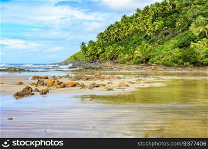 Deserted and rocky beach with forest and coconut trees on top of the hill in Serra Grande in Bahia. Deserted and rocky beach with forest