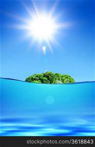 deserted green tropical island under shiny sun in ocean