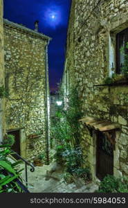 Deserted street with flowers in the old village Tourrettes-sur-Loup at night, France.