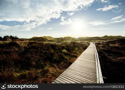 Deserted wooden boardwalk leading away through coastal dunes vegetation towards a glowing cloudy sunset sky in a moody evening landscape on Amrum, North Frisian Islands, Schleswig-Holstein, Germany