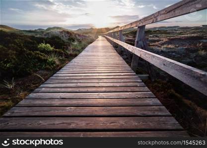 Deserted wooden boardwalk leading away through coastal dunes vegetation towards a glowing cloudy sunset sky in a moody evening landscape on Amrum, North Frisian Islands, Schleswig-Holstein, Germany