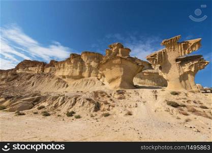 Desertic landscape of Erosion rocks, natural formations in Bolnuevo, Murcia, Spain.
