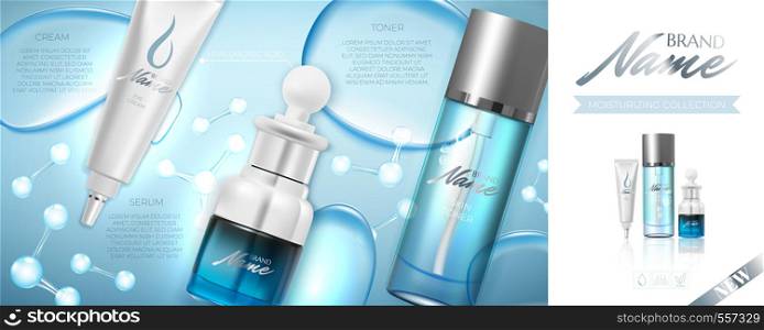 Design advertising poster for cosmetic product for catalog, magazine.Design of cosmetic package. Moisturizing cream, gel, body lotion, serum with vitamins and hyaluronic acid