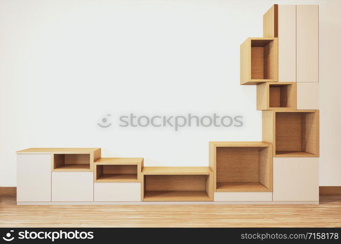 Design Cabinet shelf wooden japanese style on Empty room minimal .3D rendering