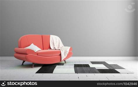 Design concept red sofa on gray wall modern interior .3d rendering