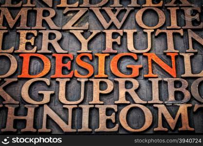 design concept - word in vintage letterpress wood type stained by red ink among random printing blocks