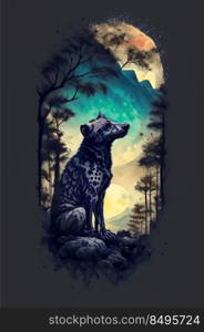 Design drawing for t-shirt, hyena in forest under moonlight image illustration