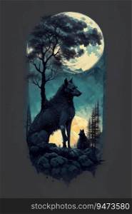 Design drawing for t-shirt, hyena in forest under moonlight image illustration