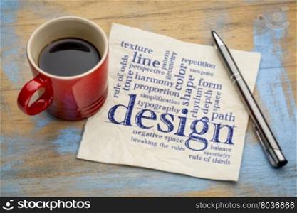design elements and rules - a word cloud - handwriting on a napkin with a cup of coffee