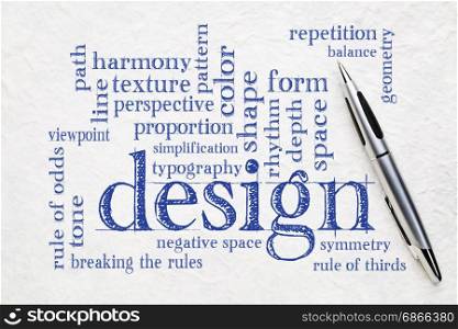 design elements and rules - a word cloud on white textured lokta paper