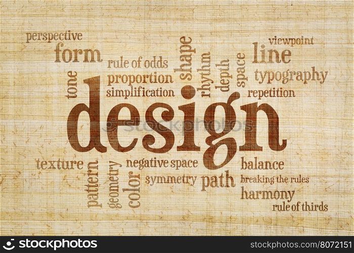 design elements and rules word cloud on a papyrus paper