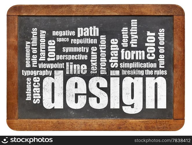 design elements and rules word cloud on a vintage blackboard