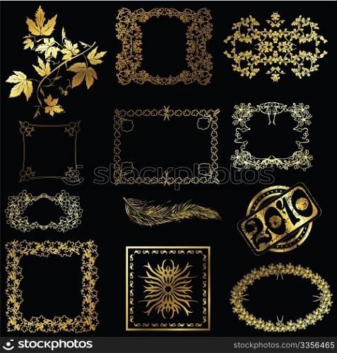 Design elements in gold against black background