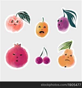 Design elements ready for cards, stickers prints, posters. Set of funny stickers fruit cherry, plum, apple, pear, apricot, pomegranate