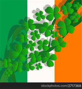 Design for Saint Patrick&rsquo;s Day with four leaves clover over Ireland national flag
