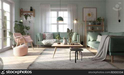 Design interior living room with sofa and armchair in green color, generative ai
