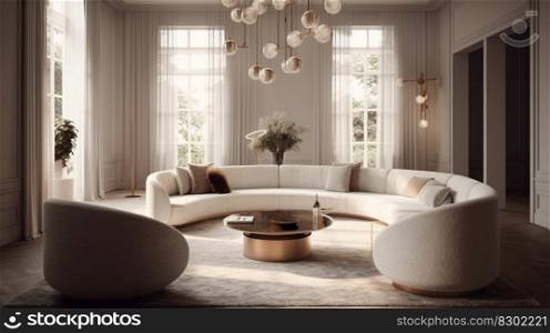 Design interior living room with sofa and armchair in pastel color, generative ai