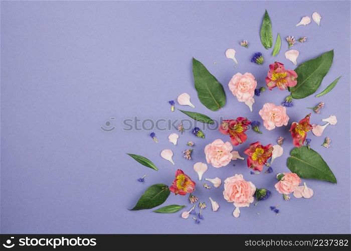 design made alstroemeria carnations leaves limonium flowers purple background