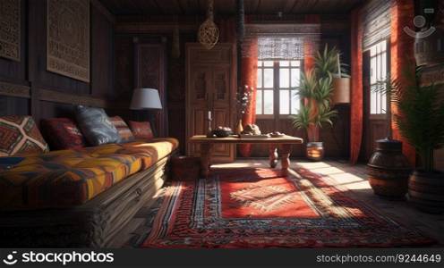 Design of a cozy living room interior in a modern ethnic style. AI generated. Luxury apartment wallpaper.. Design of a cozy living room interior in a modern ethnic style. AI generated.